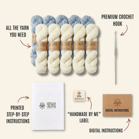 Crochet Kit Contents Showing 5 Baby Alpaca Pima Cotton Yarns color light blue 5 Baby Alpaca Pima Cotton Yarns color white crochet Hook Printed Instructions and Handmade By Me Label Digital Instructions