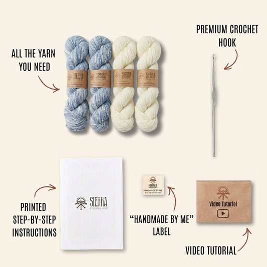 Crochet Kit Contents Showing 2 Baby Alpaca Pima Cotton Yarns color light blue 2 Baby Alpaca Pima Cotton Yarns color white crochet hook Printed Instructions Handmade By Me Label and Video Tutorial