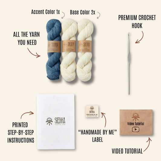 Crochet Kit Contents Showing one Cotton Yarns color blue two Cotton Yarns color white crochet hook Printed Instructions Handmade By Me Label and Video Tutorial