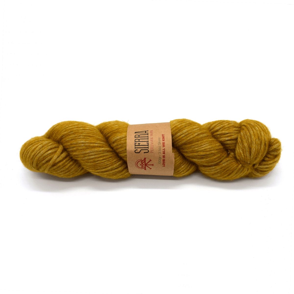 mustard skein of yarn for hand knitting with a sierra yarn label on a white background