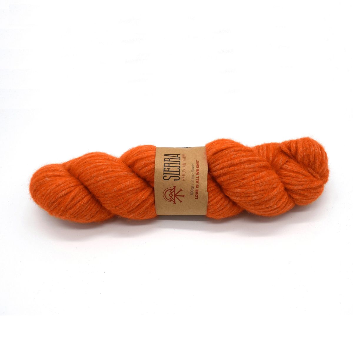 Orange skein of yarn for hand knitting with a sierra yarn label on a white background