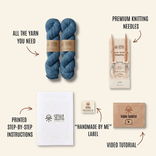 Knitting Kits for Adults Contents Showing two Cotton Yarn Skeins color blue Circular knitting Needles Printed Instructions Handmade By Me Label and Video Tutorial