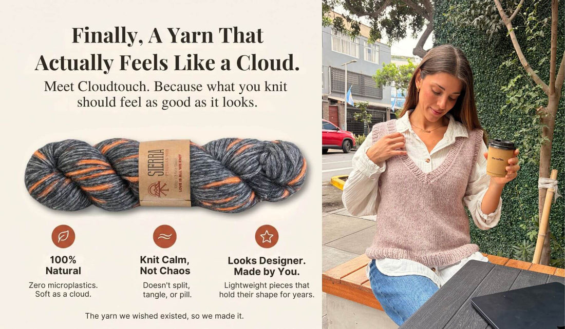 Cloudtouch Baby Alpaca Pima Cotton Blend benefits graphic with Andean Spirit Charcoal Orange skein showing 100% natural no pilling yarn next to a woman wearing the finished Classic V Neck Vest