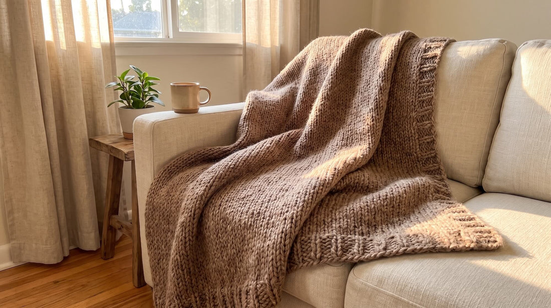Chunky knit blanket lifestyle hero of a finished DreamCloud Blanket draped over a linen couch knit in Cloudtouch Baby Alpaca Pima Cotton Blend yarn on US 17 needles