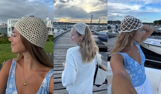 Woman wearing the crochet mesh beanie and hair kerchief from the Riviera Set 3 piece Crochet Kit for Beginners shown in three summer scenes by the water