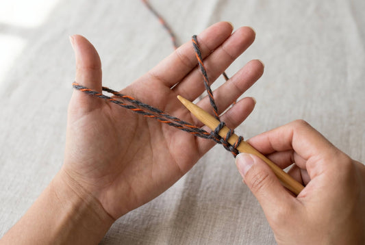 How to cast on knitting long tail slingshot hand position with US 10.5 bamboo needles and Cloudtouch Baby Alpaca Pima Cotton Blend yarn forming first stitches