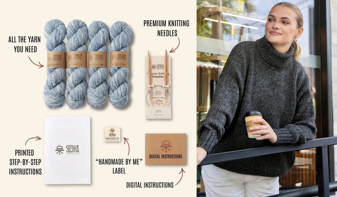 How to knit a sweater Alpaca Hug Oversize Sweater kit flat lay with five Andean Spirit skeins printed pattern and circular needles in Cloudtouch Baby Alpaca Pima Cotton Blend