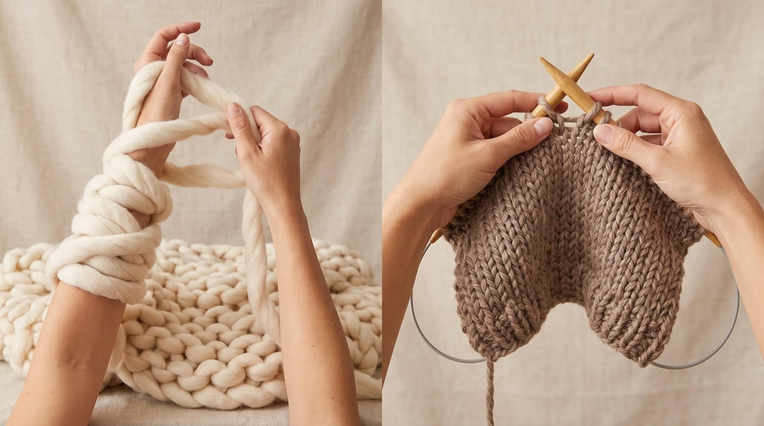 How to make a chunky knit blanket arm knitting demonstration with giant loops of jumbo yarn on forearms next to needle knit method with US 17 circular needles and Cloudtouch Baby Alpaca Pima Cotton Blend yarn