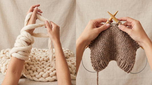 How to make a chunky knit blanket arm knitting demonstration with giant loops of jumbo yarn on forearms next to needle knit method with US 17 circular needles and Cloudtouch Baby Alpaca Pima Cotton Blend yarn