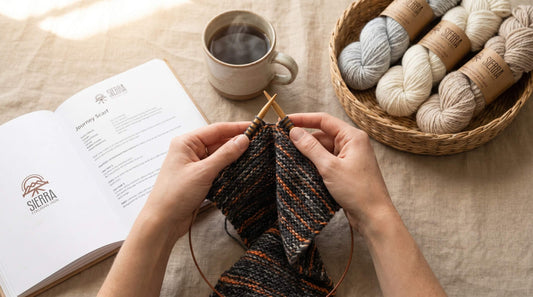 Knitting patterns for beginners weekend lifestyle photo of a knitter working the Journey Scarf on a Sunday morning with coffee and a basket of Cloudtouch Baby Alpaca Pima Cotton Blend yarn skeins nearby