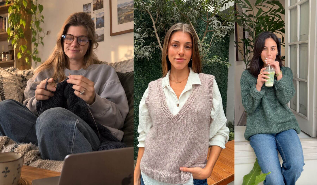 Slow fashion in three scenes: a woman knitting with a video tutorial, wearing the finished Classic V Neck Vest, and living in a green handknit sweater in Baby Alpaca Pima Cotton Blend