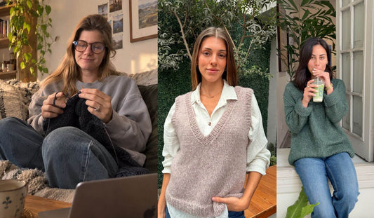 Slow fashion in three scenes: a woman knitting with a video tutorial, wearing the finished Classic V Neck Vest, and living in a green handknit sweater in Baby Alpaca Pima Cotton Blend