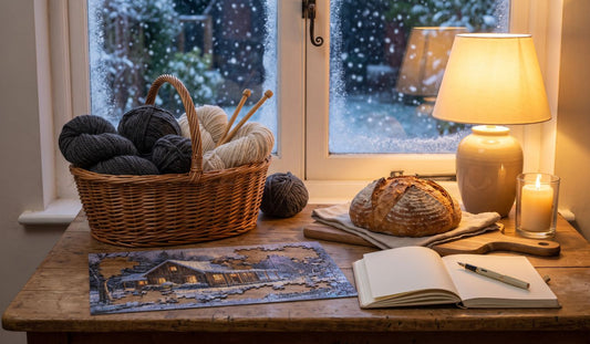 Winter hobbies cozy evening scene with a knitting basket of Baby Alpaca Pima Cotton Blend yarn a jigsaw puzzle fresh bread and a journal on a table by a snowy window