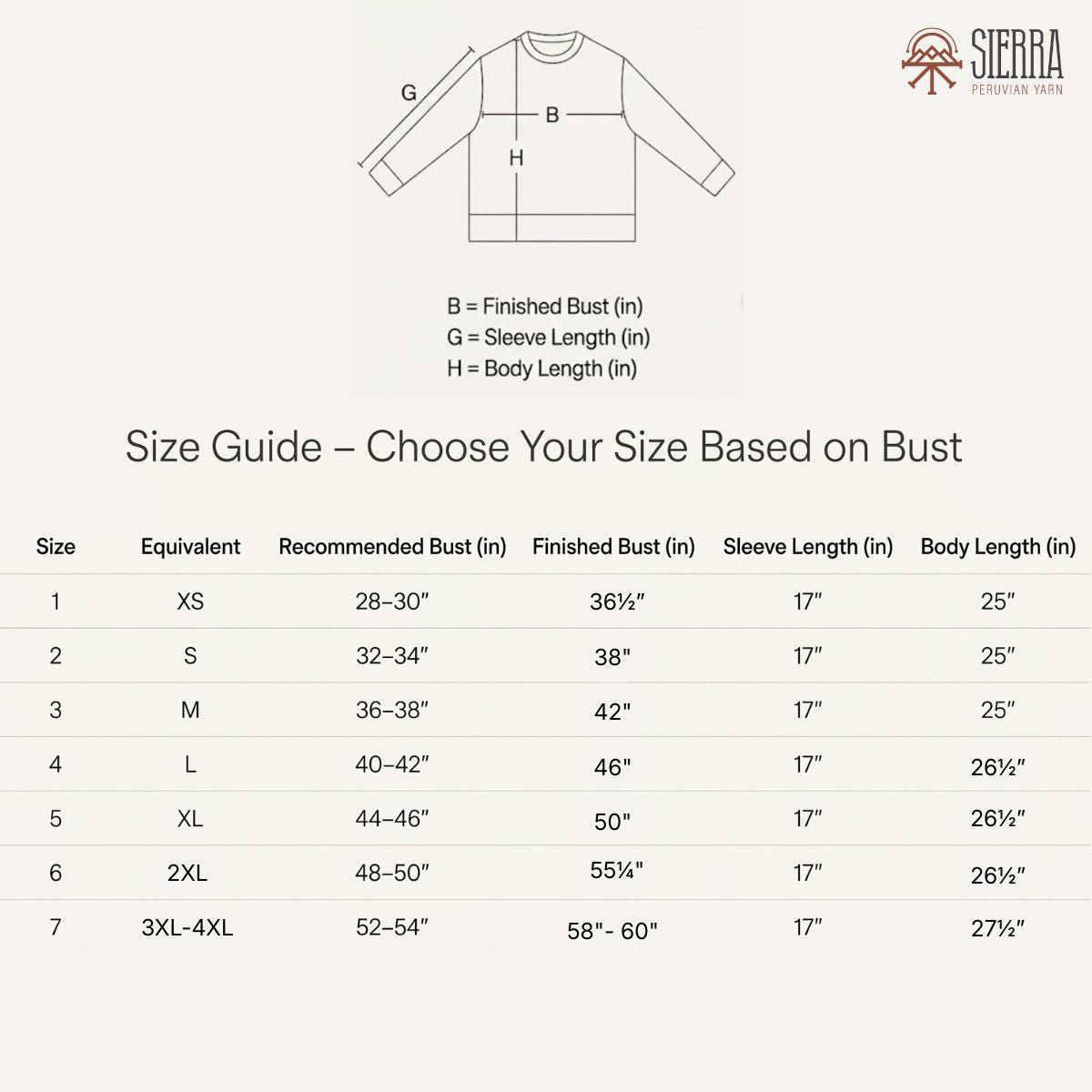 Andean pullover size guide chart