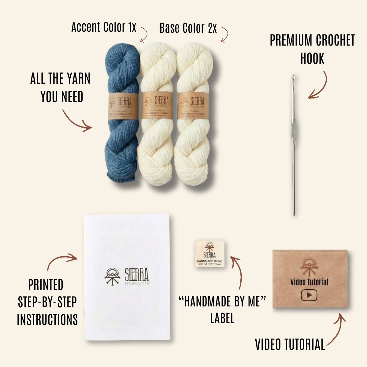 Crochet Kit Contents Showing one Cotton Yarns color blue two Cotton Yarns color white crochet hook Printed Instructions Handmade By Me Label and Video Tutorial