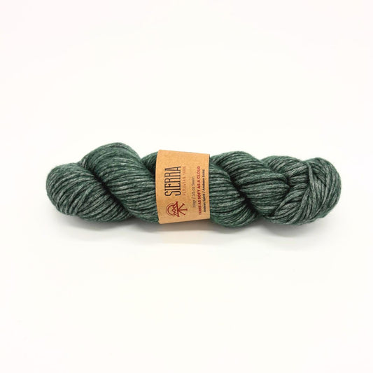 Green skein of yarn for hand knitting with a sierra yarn label on a white background