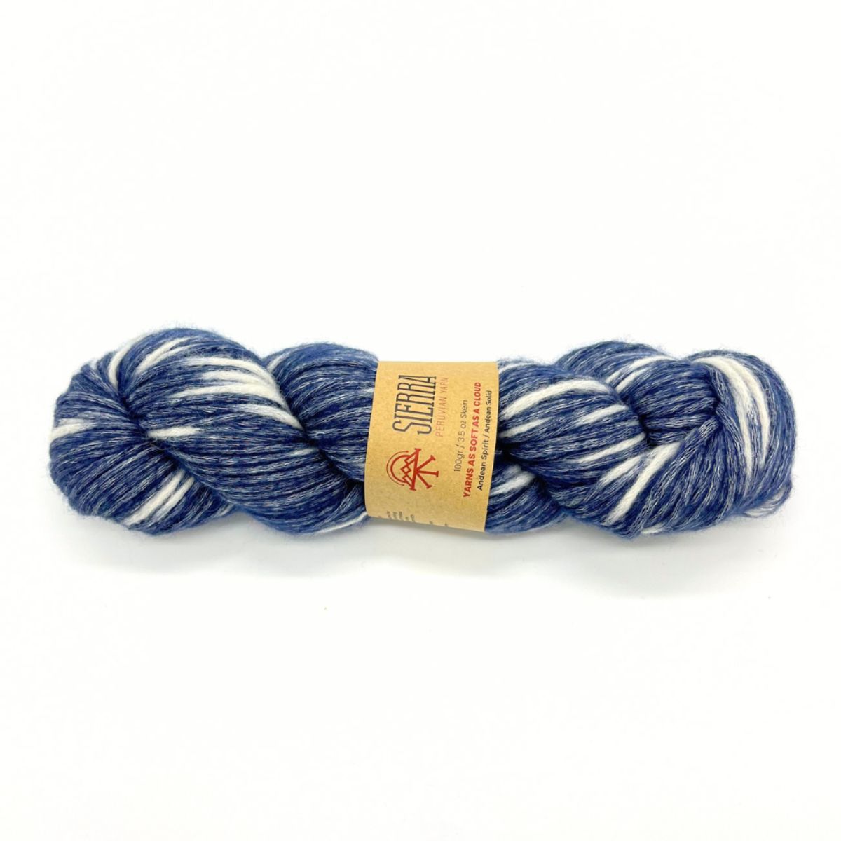 Blue and white skein of yarn with a label on a white background