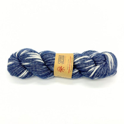 Blue and white skein of yarn with a label on a white background