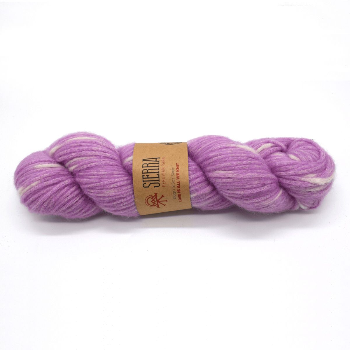 lavender and white skein of yarn with a label on a white background