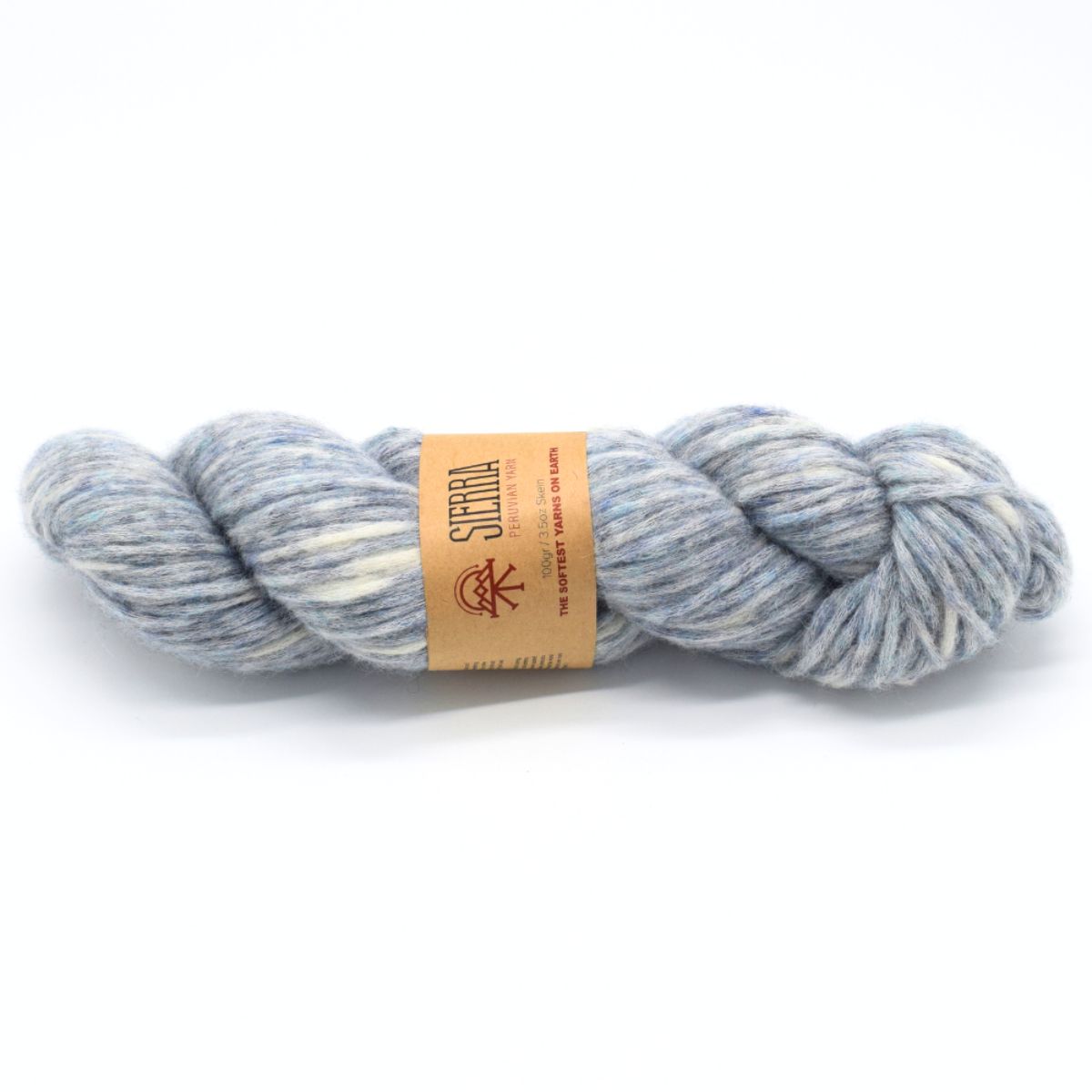 Light blue and white skein of yarn with a label on a white background