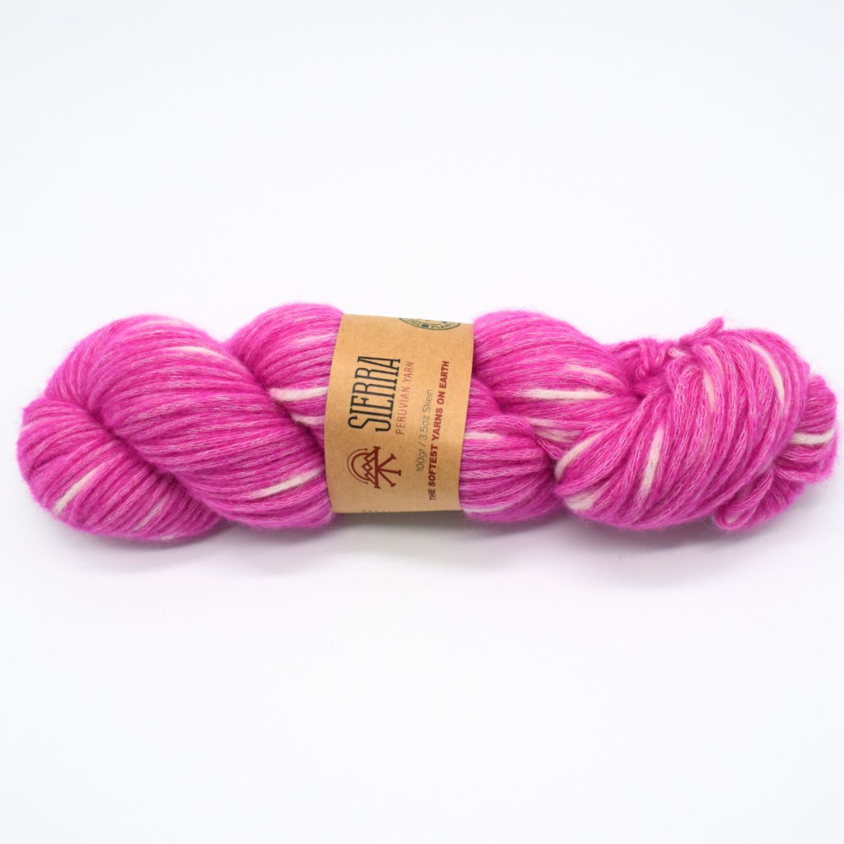 Pink and white skein of yarn with a label on a white background