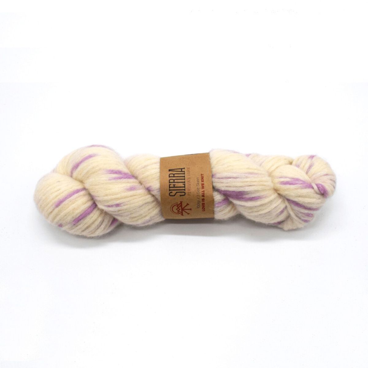 white and lavender skein of yarn with Sierra brand label on a white background