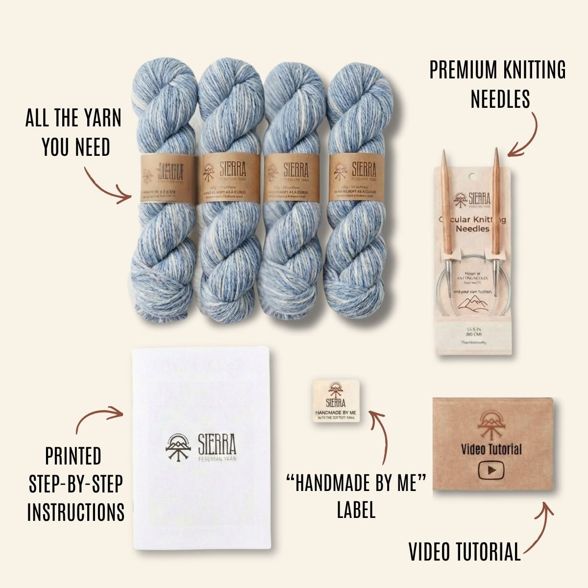 Knitting Kits for Adults Contents Showing four Baby Alpaca Pima Cotton Yarn Skeins Circular knitting Needles Printed Instructions Handmade By Me Label and Video Tutorial