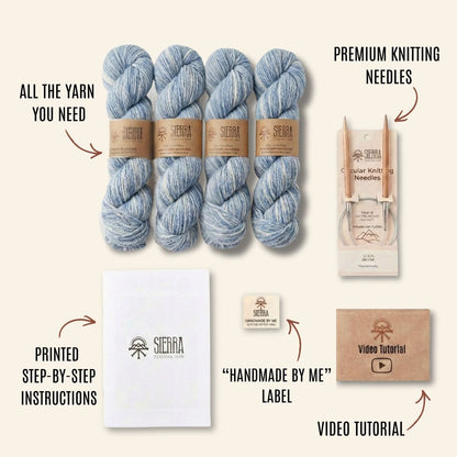 Knitting Kits for Adults Contents Showing four Baby Alpaca Pima Cotton Yarn Skeins Circular knitting Needles Printed Instructions Handmade By Me Label and Video Tutorial