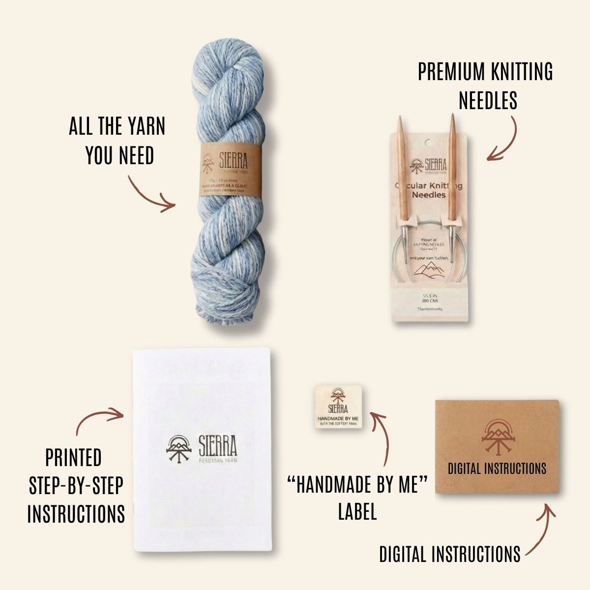 Knitting Kits for Adults Contents Showing one Baby Alpaca Pima Cotton Yarn Skeins Circular Knitting Needles Printed Instructions Handmade By Me Label and Digital Instructions