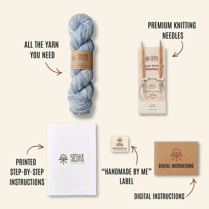 Knitting Kits for Adults Contents Showing one Baby Alpaca Pima Cotton Yarn Skeins Circular Knitting Needles Printed Instructions Handmade By Me Label and Digital Instructions