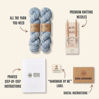 Knitting Kits for Adults Contents Showing two Baby Alpaca Pima Cotton Yarn Skeins Circular Knitting Needles Printed Instructions Handmade By Me Label and Digital Instructions