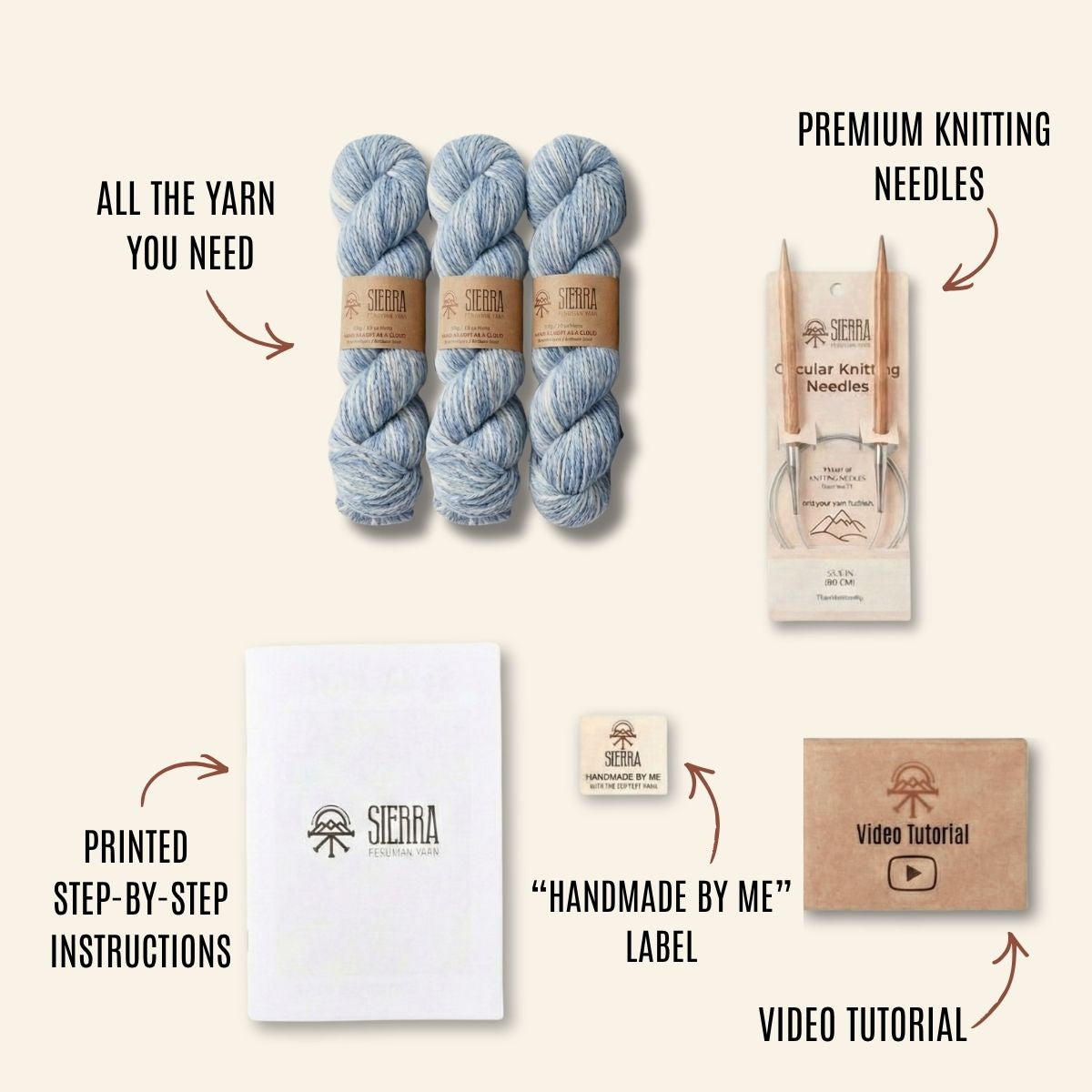 Knitting Kits for Adults Contents Showing three Baby Alpaca Pima Cotton Yarn Skeins Circular knitting Needles Printed Instructions Handmade By Me Label and Video Tutorial