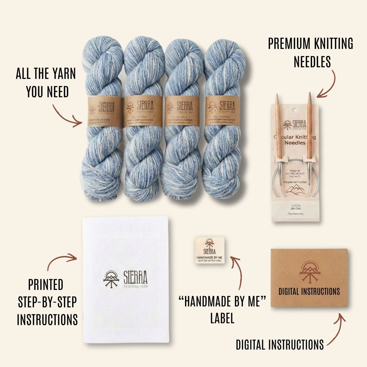 Knitting Kits for Adults Contents Showing four Baby Alpaca Pima Cotton Yarn Skeins Circular Needles Printed Instructions Handmade By Me Label and Digital Instructions