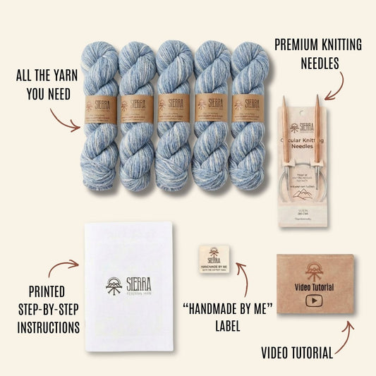 Knitting Kits for Adults Contents Showing five Baby Alpaca Pima Cotton Yarn Skeins Circular knitting Needles Printed Instructions Handmade By Me Label and Video Tutorial