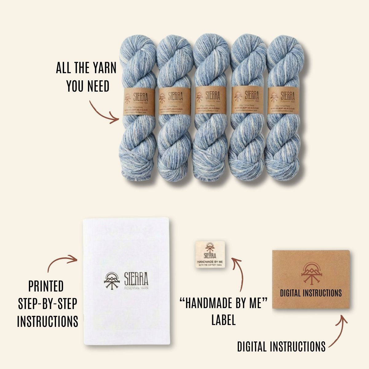 Knitting Kits for Adults Contents Showing five Baby Alpaca Pima Cotton Yarn Skeins Printed Instructions Handmade By Me Label and Digital Instructions