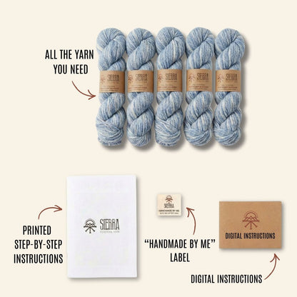 Knitting Kits for Adults Contents Showing five Baby Alpaca Pima Cotton Yarn Skeins Printed Instructions Handmade By Me Label and Digital Instructions
