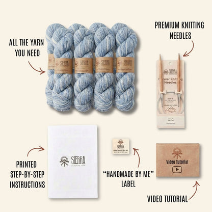 Knitting Kits for Adults Contents Showing eight Baby Alpaca Pima Cotton Yarn Skeins Circular knitting Needles Printed Instructions Handmade By Me Label and Video Tutorial