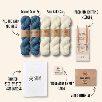 Knitting Kits for Adults Contents Showing two Cotton Yarn Skeins color blue three Cotton Yarn Skeins color white Circular knitting Needles Printed Instructions Handmade By Me Label and Video Tutorial