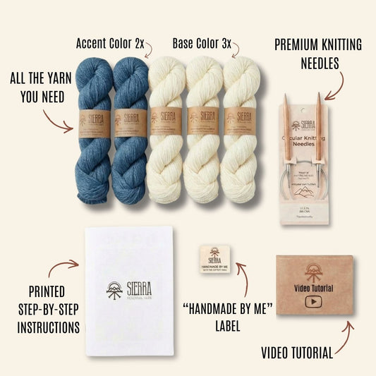 Knitting Kits for Adults Contents Showing two Cotton Yarn Skeins color blue three Cotton Yarn Skeins color white Circular knitting Needles Printed Instructions Handmade By Me Label and Video Tutorial