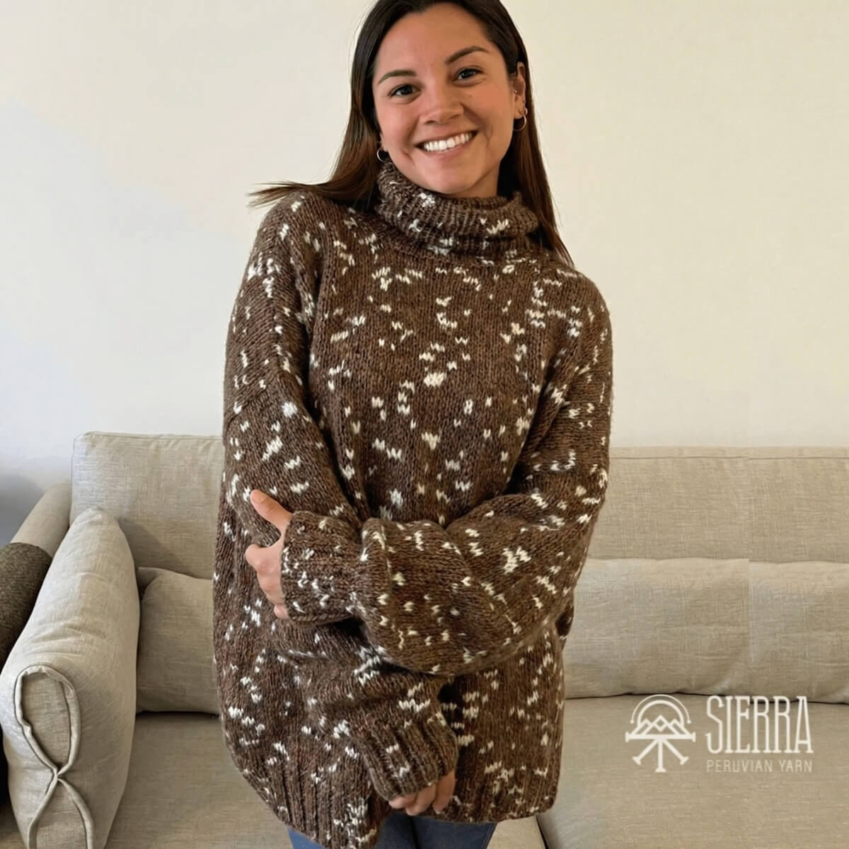 Alpaca Hug Oversize Sweater Knitting Kits in Brown  white AirJet Baby Alpaca Pima Cotton Blend